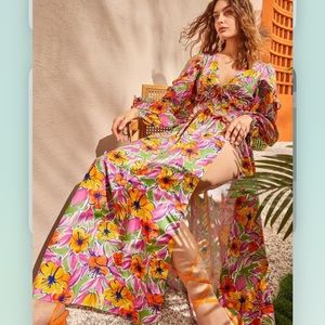 SHEIN Floral Print Lantern Sleeve Split Thigh Dress